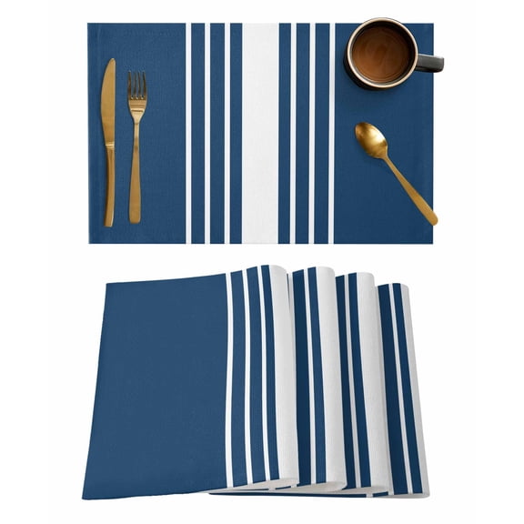 Placemats Set of 4, Navy Blue White Stripe Woven Placemat, Linen Place Mats for Kitchen/Dining Tables, Modern Rustic Vertical Striped Washable Table Mats for Party