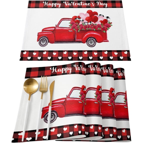 Placemats Set of 4,Non Slip Washable Table Mats Set, Happy Valentine''s Day Red Truck with Roses Buffalo Plaid Table Placemats for Kitchen Dining Table,Wedding Holiday Party Decoration