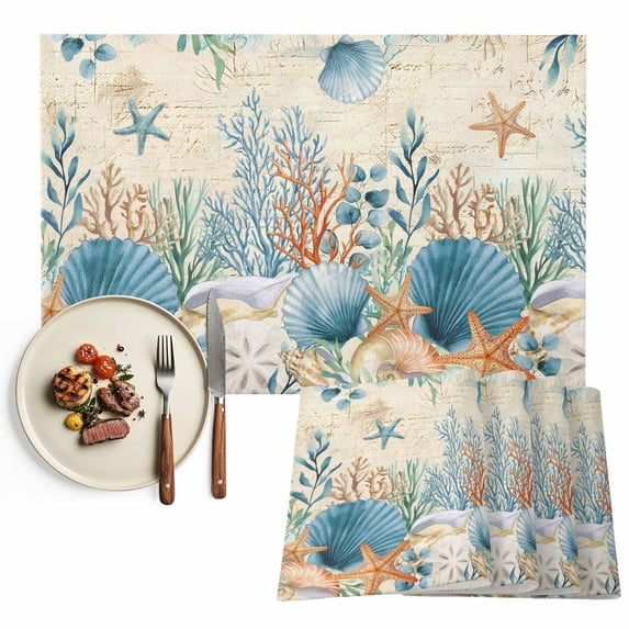 Placemats Set of 4, Ocean Coral Place Mats Seagrass Starfish Conch Shell Retro Tablemats Washable Placemat Table Decoration for Kitchen Table Dinner Party Home Decor Indoor Outdoor 13x19 Inch