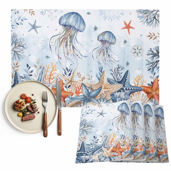 Placemats Set of 4, Ocean Jellyfish Place Mats Coastal Starfish Coral Shell Tablemats Washable Placemat Table Decoration for Kitchen Table Dinner Party Home Decor Indoor Outdoor 13x19 Inch
