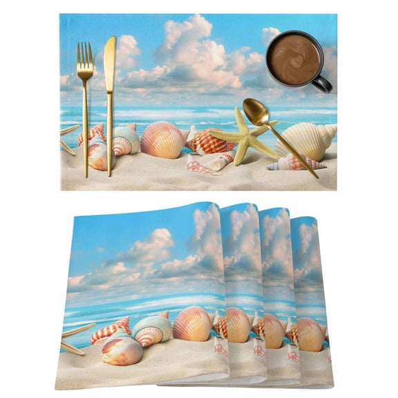 Placemats Set of 4 Ocean Shell Non-Slip Place Mat Beach Theme Starfish Conch Table Mats Washable Stain-Resistant Tablemats for Party/Dining Room/Kitchen Decorations