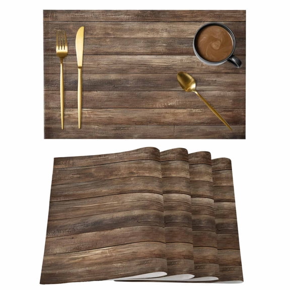 Placemats Set of 4, Old Wooden Board Woven Placemat, Linen Place Mats for Kitchen/Dining Tables, Country Farmhouse Wooden Planks Brown Washable Table Mats for Party