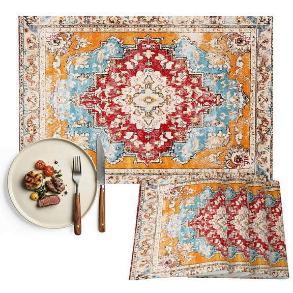 Placemats Set of 4, Orange Boho Place Mats Bohemian Tribal Texture Tablemats Washable Placemat Table Decoration for Kitchen Table Dinner Party Home Decor Indoor Outdoor 13x19 Inch
