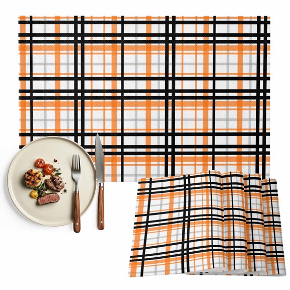 Placemats Set of 4, Orange Buffalo Plaid Place Mats Black Check Stripe Tablemats Washable Placemat Table Decoration for Kitchen Table Dinner Party Home Decor Indoor Outdoor 13x19 Inch
