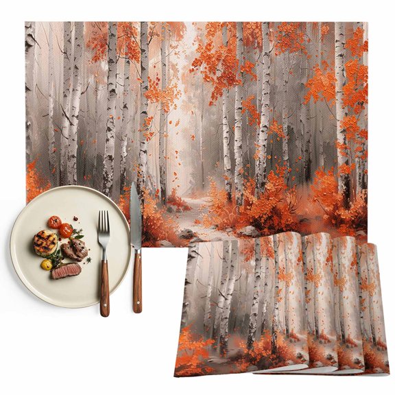 Placemats Set of 4, Orange Forest Plant Place Mats Tree Illustration Tablemats Washable Placemat Table Decoration for Kitchen Table Dinner Party Home Decor Indoor Outdoor 13x19 Inch
