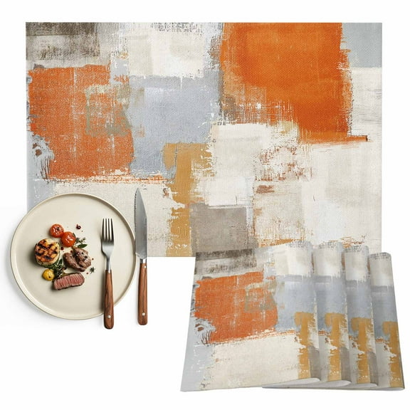 Placemats Set of 4, Orange Gray Beige Block Placemats Set of 4, Abstract Art Tablemats Washable Placemat Table Decoration for Kitchen Table Dinner Party Home Decor Indoor Outdoor 13x19 Inch
