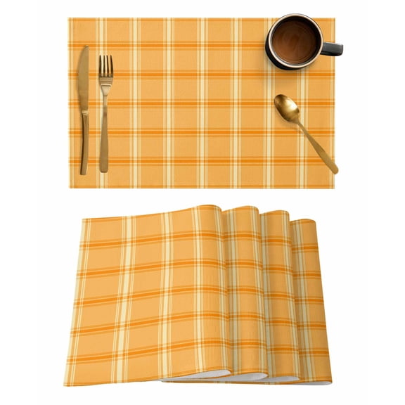 Placemats Set of 4, Orange Yellow Check Woven Placemat, Linen Place Mats for Kitchen/Dining Tables, Fall Farmhouse Buffalo Plaid Washable Table Mats for Party
