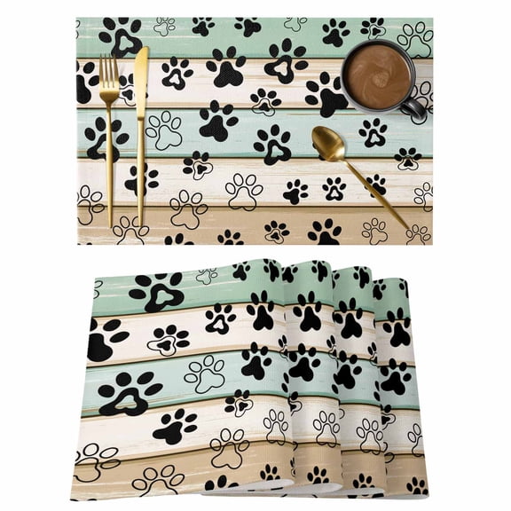 Placemats Set of 4 Paw Print Non-Slip Place Mat Animal Teal Wood Grain Table Mats Washable Stain-Resistant Tablemats for Party/Dining Room/Kitchen Decorations