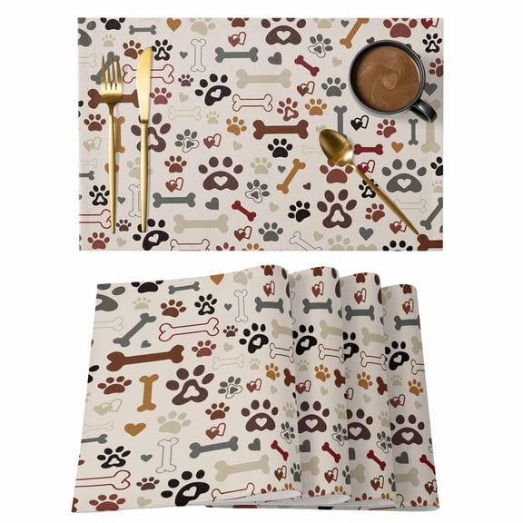 Placemats Set of 4 Paw Print Non-Slip Place Mat Brown Dog Bones Table Mats Washable Stain-Resistant Tablemats for Party/Dining Room/Kitchen Decorations