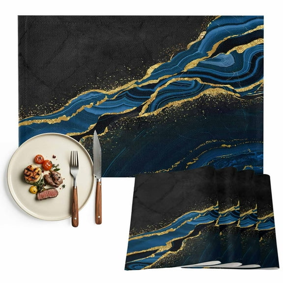 Placemats Set of 4, Peacock Blue Abstract Marble Placemats Set of 4, Black Malachite Gold Veins Tablemats Placemat Table Decoration for Kitchen Table Dinner Party Home Decor Indoor Outdoor