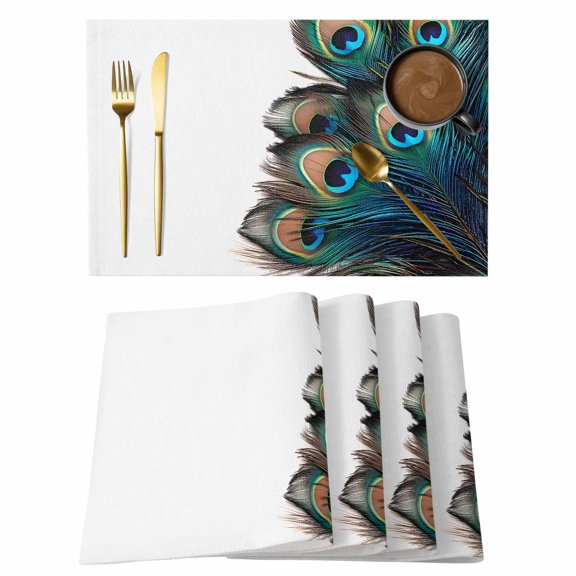 Placemats Set of 4 Peacock Feathers Non-Slip Place Mat Modern Art Table Mats Washable Stain-Resistant Tablemats for Party/Dining Room/Kitchen Decorations