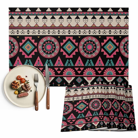 Placemats Set of 4, Pink Aztec Boho Place Mats Tribal Geometric Pattern Tablemats Washable Placemat Table Decoration for Kitchen Table Dinner Party Home Decor Indoor Outdoor 13x19 Inch