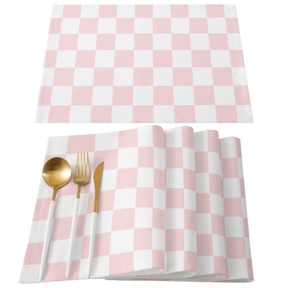 Placemats Set of 4, Pink Checkerboard Place Mats Classic Squares Plaid Linen Tablemats Washable Placemat Table Decoration for Kitchen Table Dinner Party Home Decor Indoor Outdoor 13x19 Inch