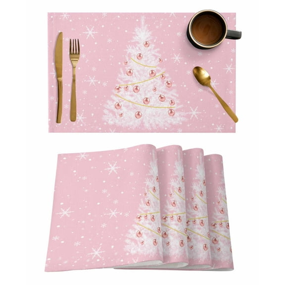 Placemats Set of 4, Pink Christmas Tree Woven Placemat, Linen Place Mats for Kitchen/Dining Tables, Winter Balls Snowflake Xmas Tree Washable Table Mats for Party