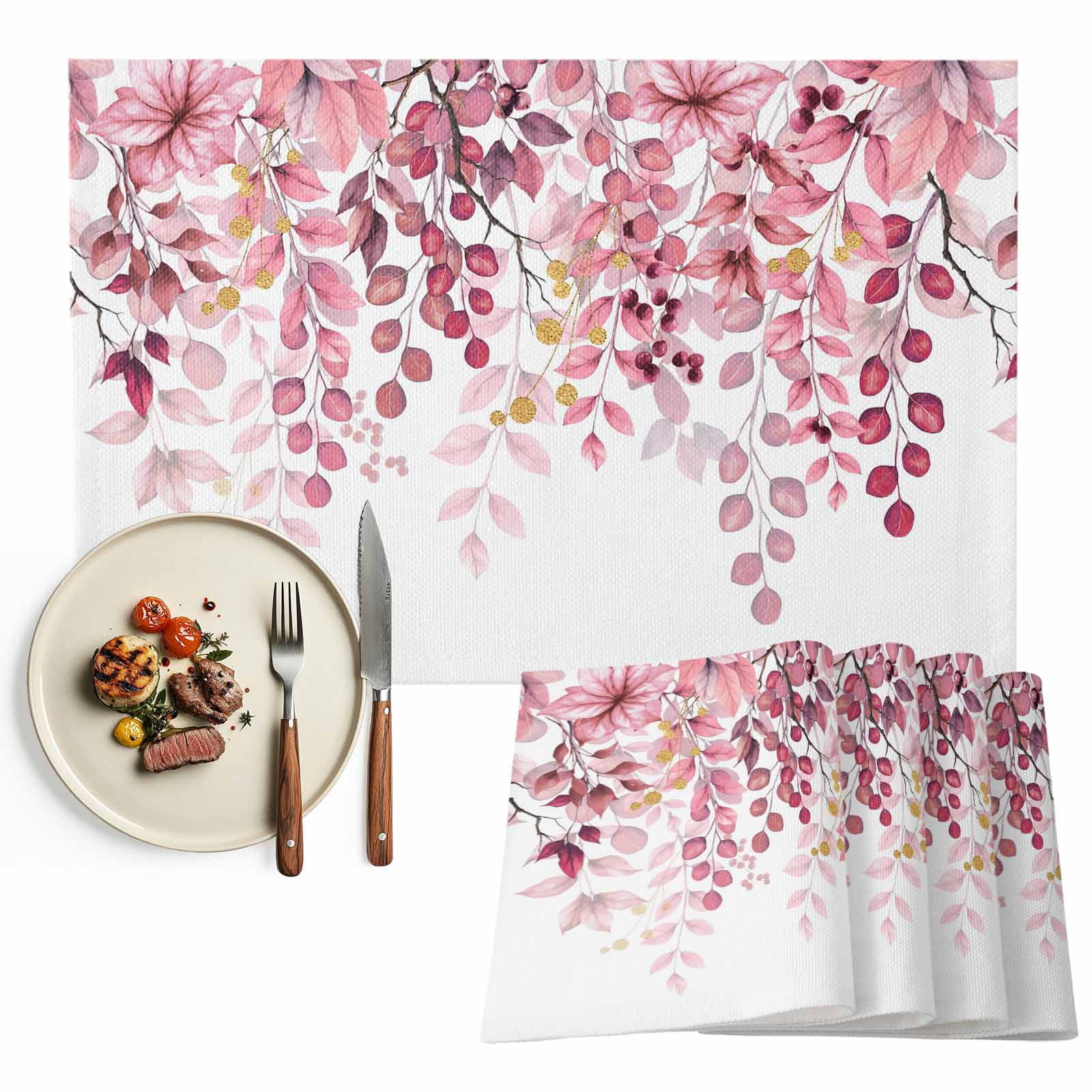 Placemats Set of 4, Pink Eucalyptus Leaves Place Mats Berry Branch ...