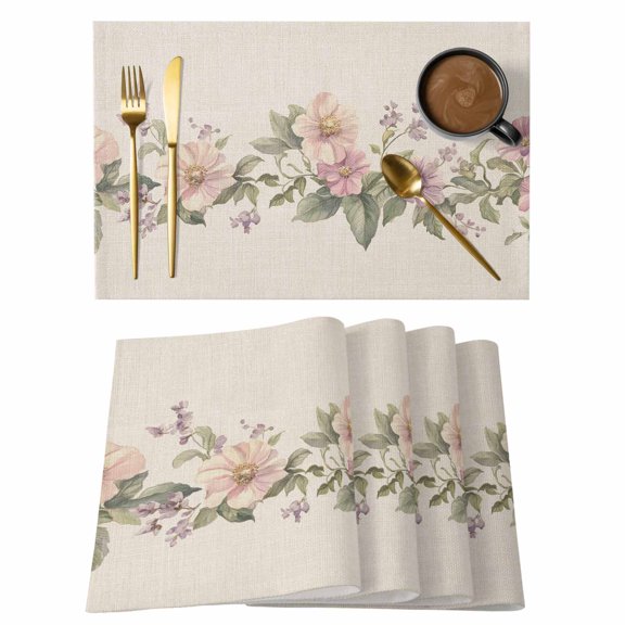 Placemats Set of 4 Pink Flowers Leaves Non-Slip Place Mat Linen Background Table Mats Washable Stain-Resistant Tablemats for Party/Dining Room/Kitchen Decorations