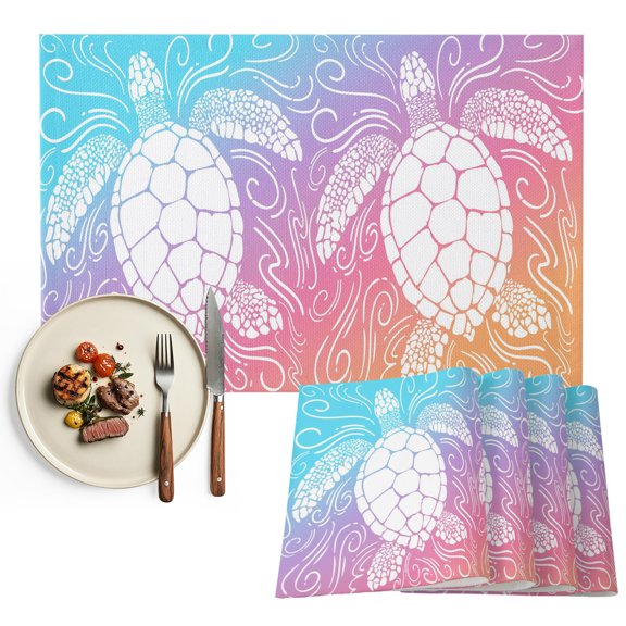 Placemats Set of 4, Pink Purple Sea Turtle Place Mats Coastal Marine Life Waves Tablemats Washable Placemat Table Decoration for Kitchen Table Dinner Party Home Decor Indoor Outdoor 13x19 Inch