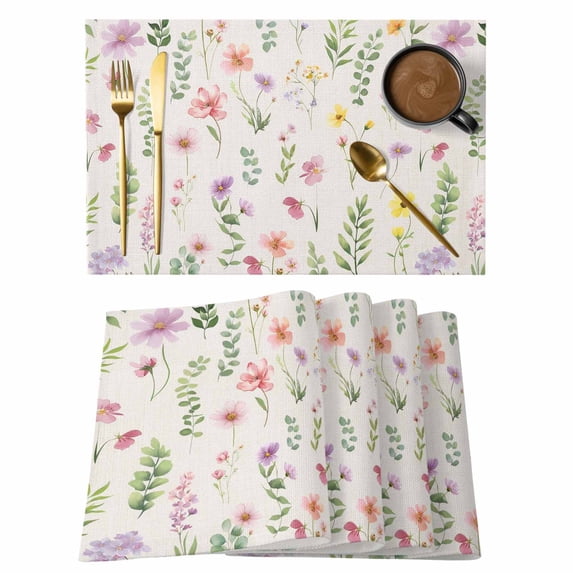 Placemats Set of 4, Pink Spring Floral Woven Placemat, Linen Place Mats for Kitchen/Dining Tables, Flowers Elegant Pastoral Rustic Washable Table Mats for Party
