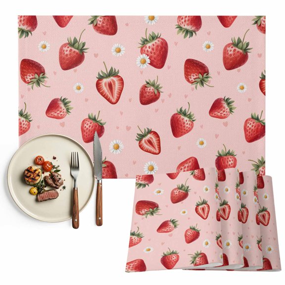 Placemats Set of 4, Pink Strawberry Place Mats Summer Fruit Daisy Flower Tablemats Washable Placemat Table Decoration for Kitchen Table Dinner Party Home Decor Indoor Outdoor 13x19 Inch