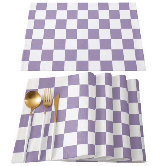 Placemats Set of 4, Purple Checkerboard Place Mats Classic Squares Plaid Linen Tablemats Washable Placemat Table Decoration for Kitchen Table Dinner Party Home Decor Indoor Outdoor 13x19 Inch