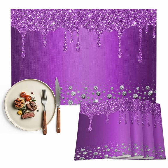 Placemats Set of 4, Purple Diamond Place Mats Luxury Bling Water Drop Tablemats Washable Placemat Table Decoration for Kitchen Table Dinner Party Home Decor Indoor Outdoor 13x19 Inch