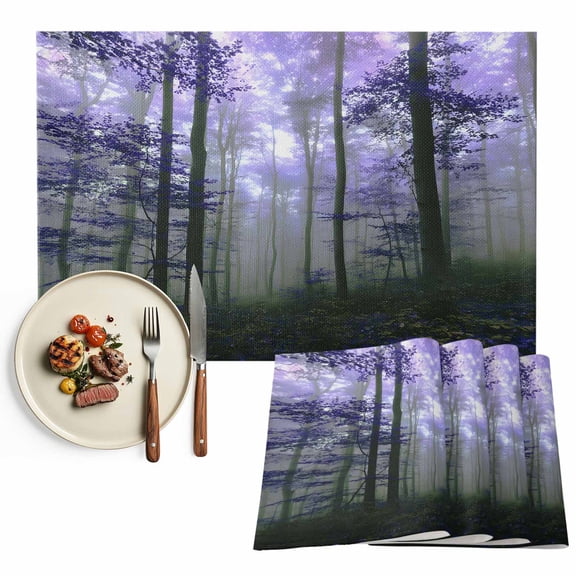 Placemats Set of 4, Purple Foggy Forest Place Mats Misty Forest Trees Nature Tablemats Washable Placemat Table Decoration for Kitchen Table Dinner Party Home Decor Indoor Outdoor 13x19 Inch