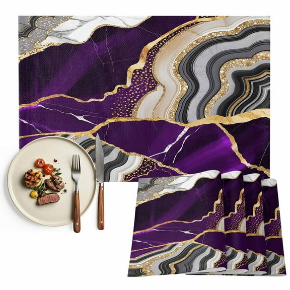 Placemats Set of 4, Purple Marble Texture Place Mats Abstract Gold Fluid Tablemats Washable Placemat Table Decoration for Kitchen Table Dinner Party Home Decor Indoor Outdoor 13x19 Inch