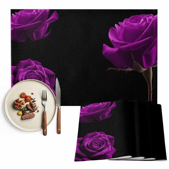 Placemats Set of 4, Purple Rose Place Mats Vintage Flower Garden Tablemats Washable Placemat Table Decoration for Kitchen Table Dinner Party Home Decor Indoor Outdoor 13x19 Inch