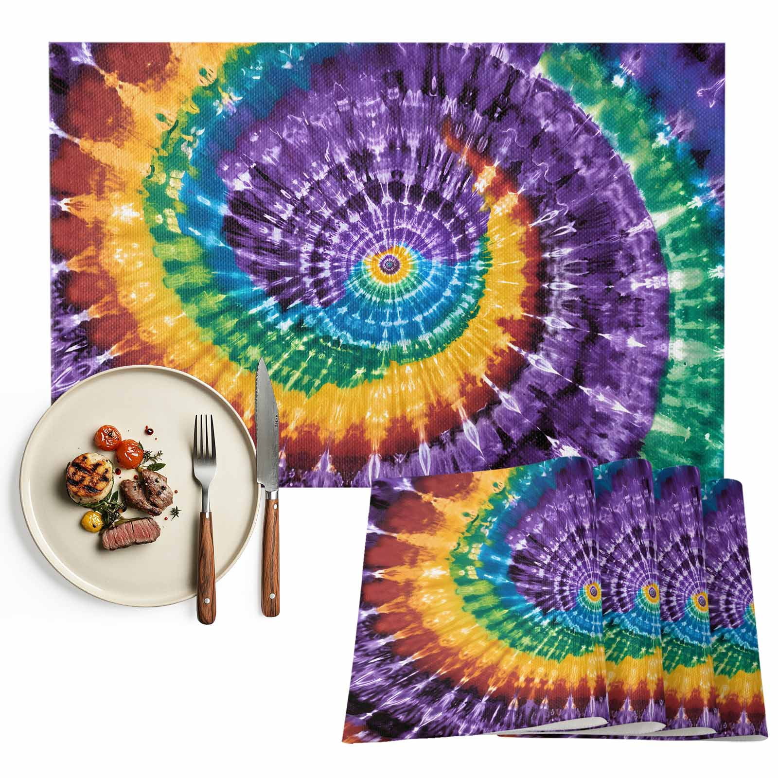 Placemats Set of 4, Purple Tie-Dye Art Place Mats Abstract Boho Tribe ...