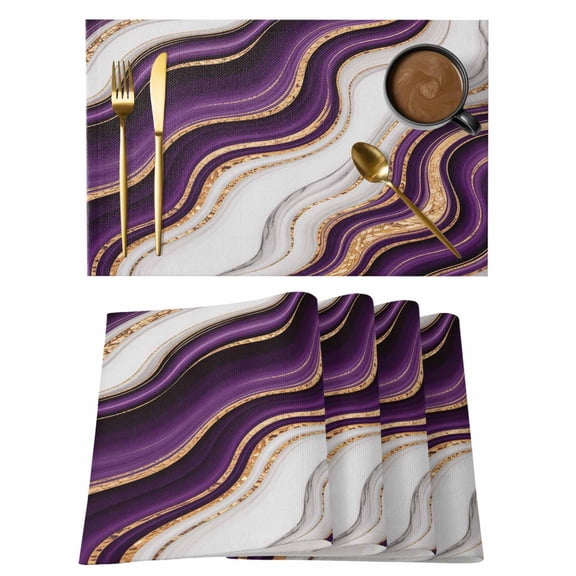 Placemats Set of 4 Purple White Marble Non-Slip Place Mat Gold Edge Texture Table Mats Washable Stain-Resistant Tablemats for Party/Dining Room/Kitchen Decorations