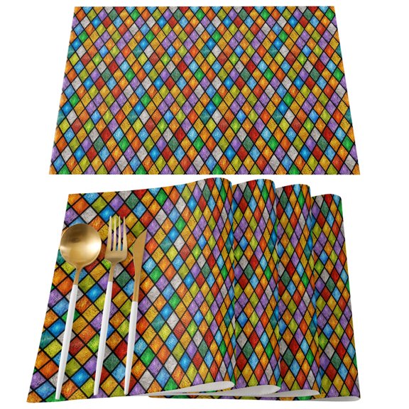 Placemats Set of 4, Rainbow Diamond Mosaic Place Mats Cathedral Aesthetic Glass Linen Tablemats Washable Placemat Table Decoration for Kitchen Table Dinner Party Home Decor Indoor Outdoor 13x19 Inch