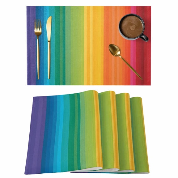 Placemats Set of 4, Rainbow Striped Woven Placemat, Linen Place Mats for Kitchen/Dining Tables, Colorful Gradients Modern Abstract Art Washable Table Mats for Party