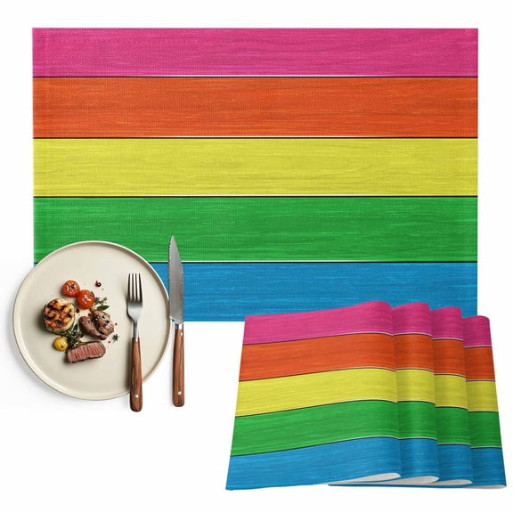 Placemats Set of 4, Rainbow Wood Grain Place Mats Farm Barn Wooden Stripes Tablemats Washable Placemat Table Decoration for Kitchen Table Dinner Party Home Decor Indoor Outdoor 13x19 Inch