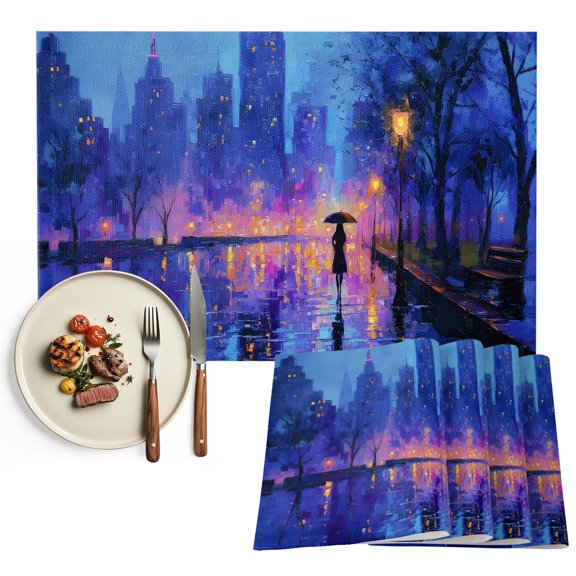 Placemats Set of 4, Rainy Night Walk Place Mats Streetlight Impressionist Tablemats Washable Placemat Table Decoration for Kitchen Table Dinner Party Home Decor Indoor Outdoor 13x19 Inch