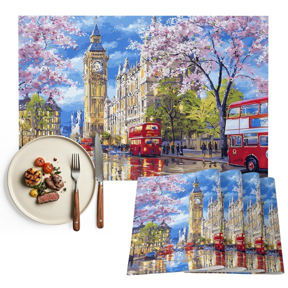 Placemats Set of 4, Red Bus Clock Tower Place Mats Cherry Blossoms Impressionist Tablemats Washable Placemat Table Decoration for Kitchen Table Dinner Party Home Decor Indoor Outdoor 13x19 Inch