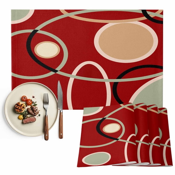 Placemats Set of 4, Red Circle Placemats Set of 4, Geometri Stripe Lines Abstract Art Tablemats Washable Placemat Table Decoration for Kitchen Table Dinner Party Home Decor Indoor Outdoor 13x19 Inch