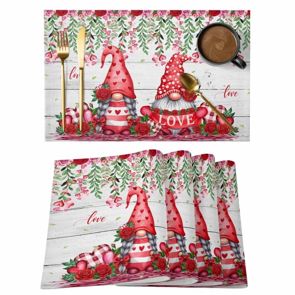 Placemats Set of 4, Red Gnomes Woven Placemat, Linen Place Mats for Kitchen/Dining Tables, Valentine Roses Love Leaves Wood Rustic Washable Table Mats for Party