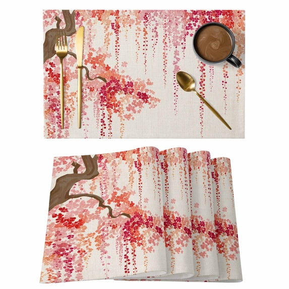 Placemats Set of 4, Red Orange Cherry Blossoms Woven Placemat, Linen Place Mats for Kitchen/Dining Tables, Spring Weeping Leaves Burlap Washable Table Mats for Party
