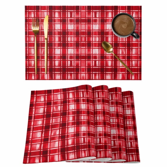 Placemats Set of 4, Red Plaid Woven Placemat, Linen Place Mats for Kitchen/Dining Tables, Modern Art Checkered Farmhouse Washable Table Mats for Party