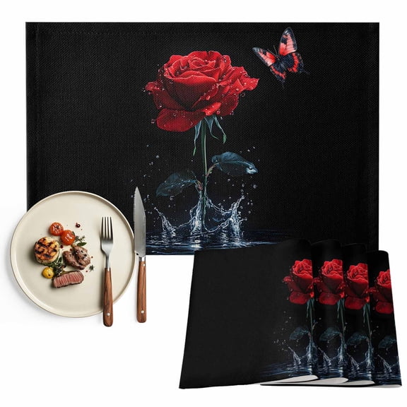 Placemats Set of 4, Red Rose Place Mats Butterfly Splash Black Tablemats Washable Placemat Table Decoration for Kitchen Table Dinner Party Home Decor Indoor Outdoor 13x19 Inch