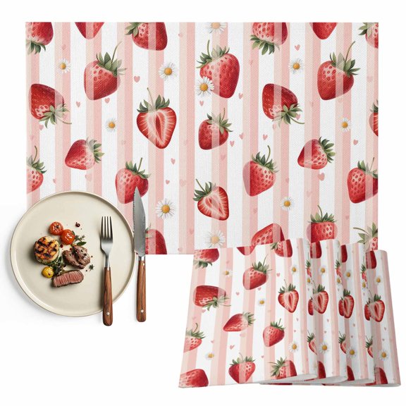 Placemats Set of 4, Red Strawberry Place Mats Summer Fruit Daisy Pink Stripes Tablemats Washable Placemat Table Decoration for Kitchen Table Dinner Party Home Decor Indoor Outdoor 13x19 Inch