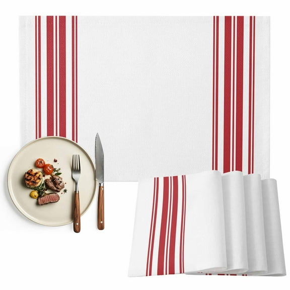 Placemats Set of 4, Red Ticking Vertically Stripe Place Mats Simple Style White Tablemats Washable Placemat Table Decoration for Kitchen Table Dinner Party Home Decor Indoor Outdoor 13x19 Inch