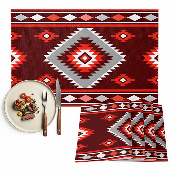 Placemats Set of 4, Red Tribal Geometric Place Mats Bohemian Vintage Native Abstract Tablemats Washable Placemat Table Decoration for Kitchen Table Dinner Party Home Decor Indoor Outdoor 13x19 Inch
