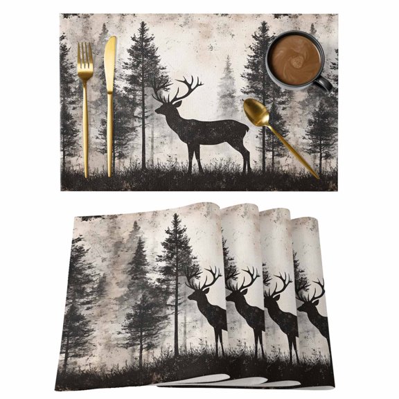 Placemats Set of 4 Retro Elk Forest Non-Slip Place Mat Silhouette Art Table Mats Washable Stain-Resistant Tablemats for Party/Dining Room/Kitchen Decorations