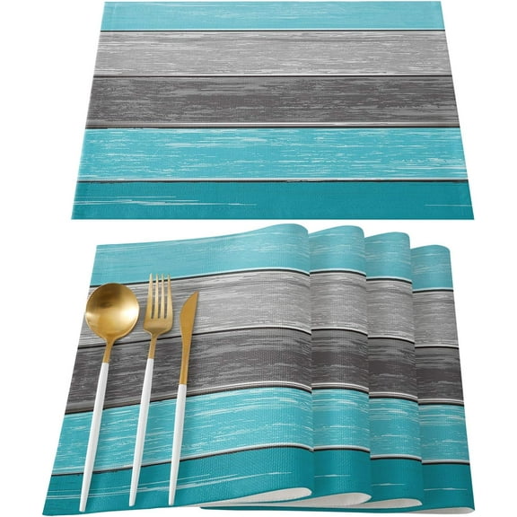 Placemats Set of 4, Retro Rustic Barn Wood Texture Polyester Stain Resistant Table Mats Washable Placemat Decoration for Kitchen Dining Table Ombre Aqua Blue Gray