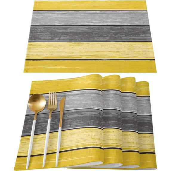 Placemats Set of 4, Retro Rustic Barn Wood Texture Polyester Stain Resistant Table Mats Washable Placemat Decoration for Kitchen Dining Table Ombre Lemon Yellow and Gray