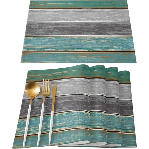 Placemats Set of 4, Retro Rustic Barn Wood Texture Polyester Stain Resistant Table Mats Washable Placemat Decoration for Kitchen Dining Table Ombre Sea Teal Green Gray