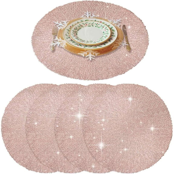 Placemats Set of 4, Round Heat-Resistant Vinyl Placemat, 15 inch Non-Slip Washable PVC Table Mat, Easy to Clean Premium Plastic Table Mats for Dining Table, Kitchen Table (Bright Pink)