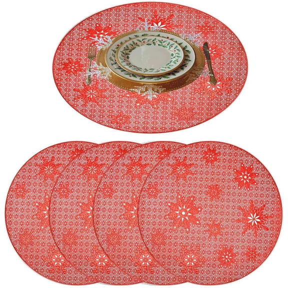 Placemats Set of 4, Round Heat-Resistant Vinyl Placemat, 15 inch Non-Slip Washable PVC Table Mat, Easy to Clean Premium Plastic Table Mats for Dining Table, Kitchen Table (Red Snow)