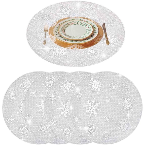 Placemats Set of 4, Round Heat-Resistant Vinyl Placemat, 15 inch Non-Slip Washable PVC Table Mat, Easy to Clean Premium Plastic Table Mats for Dining Table, Kitchen Table (Sliver Snow)